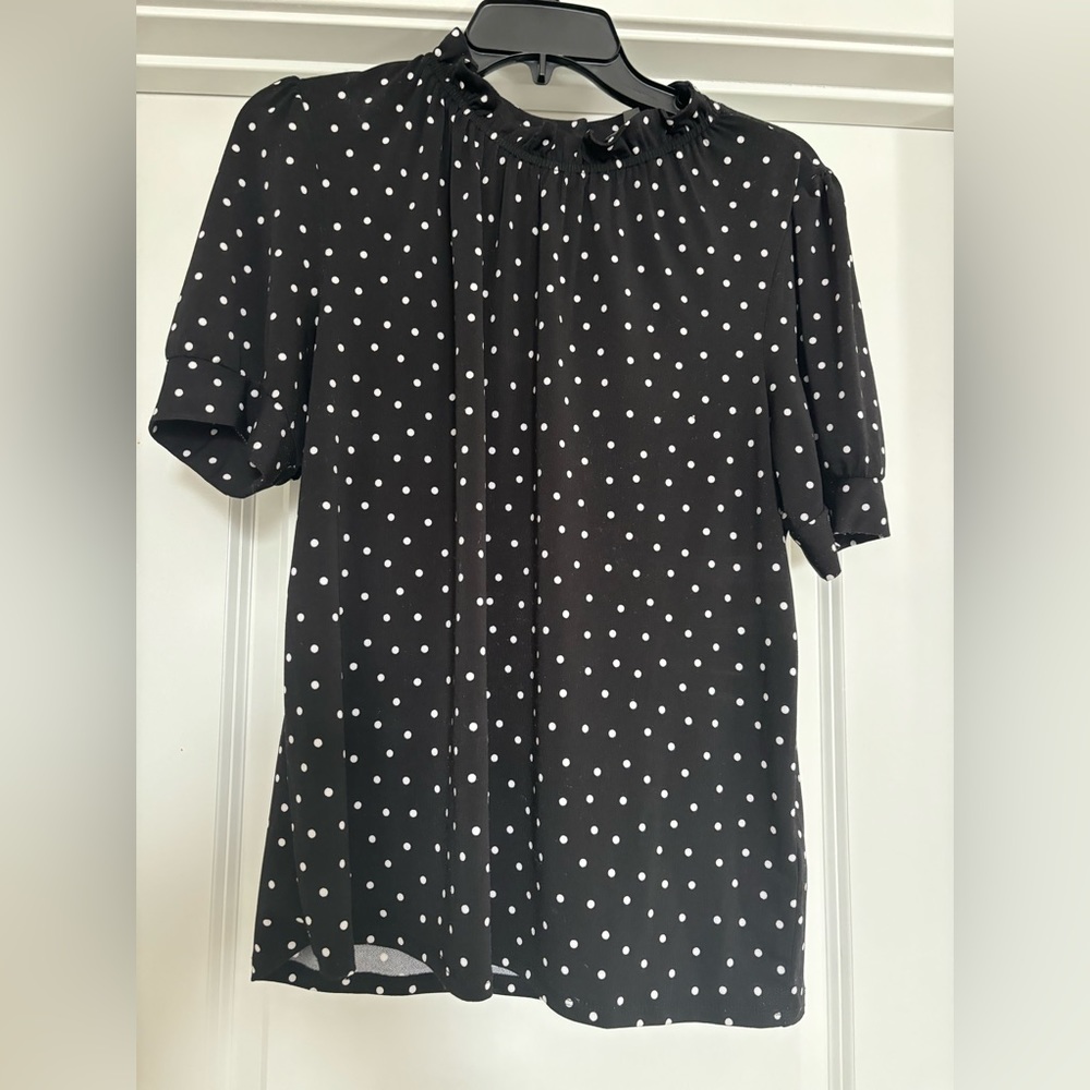 Adrianna Papell, black and white polka-dot, ruffled neckline, large blouse.